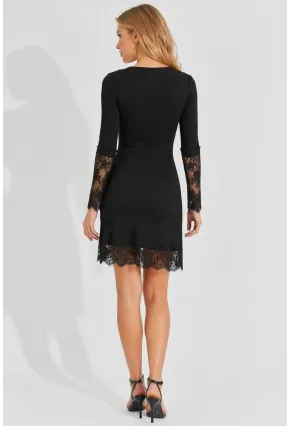 Siyah Kaşkorse Dantel Detaylı Uzun Kollu Kadın Elbise
