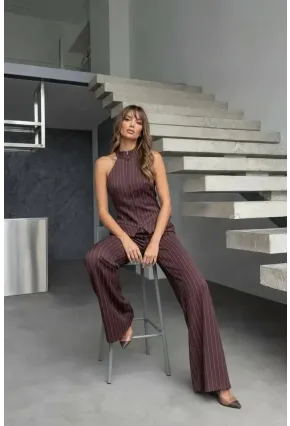 Fermuar Detay Çizgili Takım Kahve