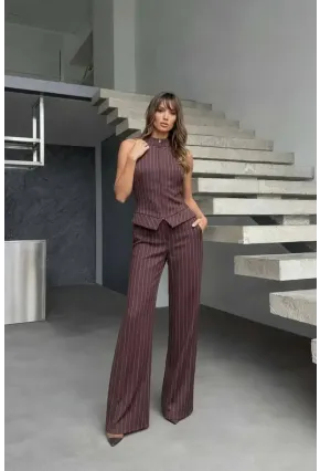 Fermuar Detay Çizgili Takım Kahve