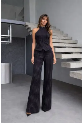 Fermuar Detay Çizgili Takım Siyah