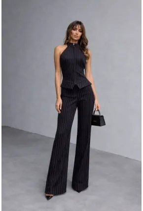 Fermuar Detay Çizgili Takım Siyah