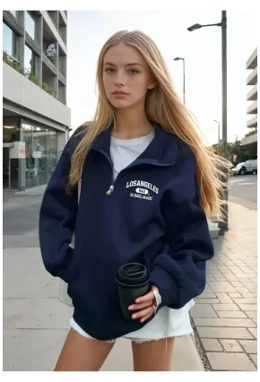 Fermuar Yaka Los Angeles Baskılı Üç İplik Sweatshirt