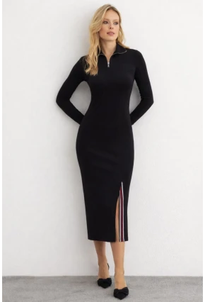 Fermuar Yaka Uzun Kollu Yırtmaç Detaylı Siyah Midi Elbise