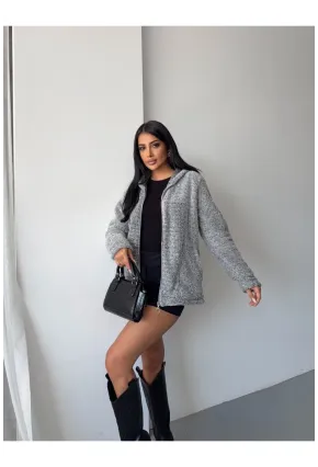 Fermuarlı Kapşonlu Gri Polar Sweatshirt