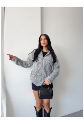 Fermuarlı Kapşonlu Gri Polar Sweatshirt