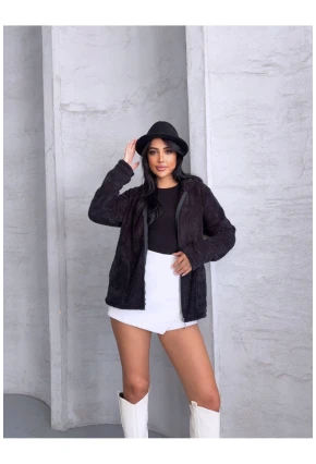 Fermuarlı Kapşonlu Siyah Polar Sweatshirt