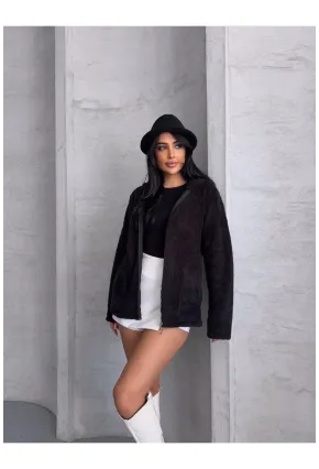 Fermuarlı Kapşonlu Siyah Polar Sweatshirt
