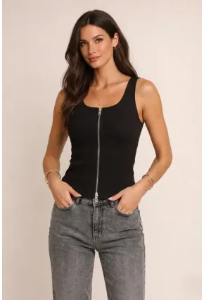 Fermuarlı Sıfır Kol Bluz Siyah