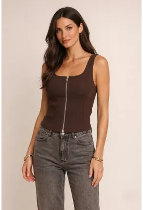 Fermuarlı Sıfır Kol Bluz Kahverengi