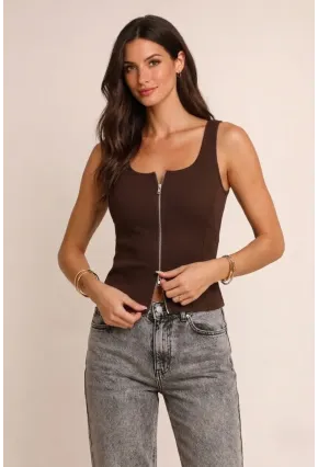 Fermuarlı Sıfır Kol Bluz Kahverengi