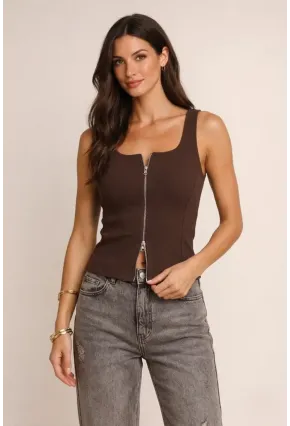 Fermuarlı Sıfır Kol Bluz Kahverengi