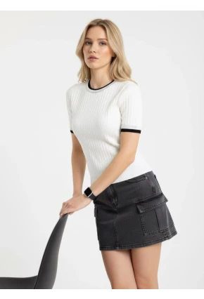 Fitilli Kısa Kollu Biyeli Triko Bluz Beyaz