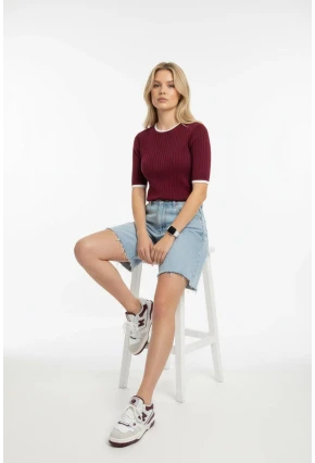 Fitilli Kısa Kollu Biyeli Triko Bluz Bordo