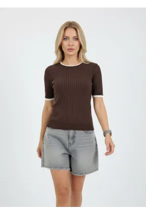 Fitilli Kısa Kollu Biyeli Triko Bluz Kahve