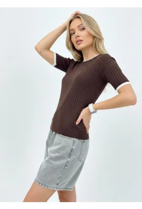 Fitilli Kısa Kollu Biyeli Triko Bluz Kahve