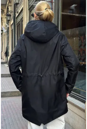 Geniş Cepli Kapüşonlu Uzun Mont Siyah