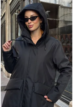 Geniş Cepli Kapüşonlu Uzun Mont Siyah