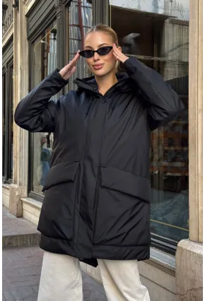 Geniş Cepli Kapüşonlu Uzun Mont Siyah