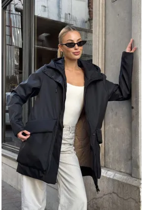 Geniş Cepli Kapüşonlu Uzun Mont Siyah