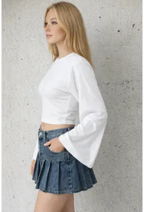 Geniş Kol Crop Bluz Beyaz