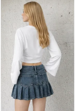 Geniş Kol Crop Bluz Beyaz