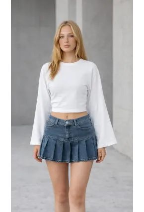 Geniş Kol Crop Bluz Beyaz