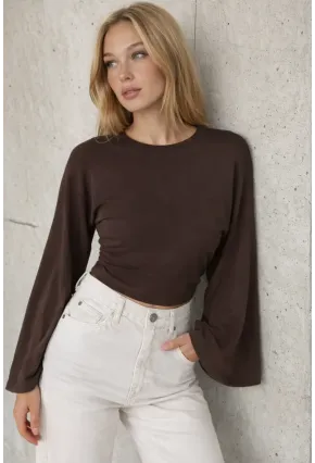 Geniş Kol Crop Bluz Kahverengi