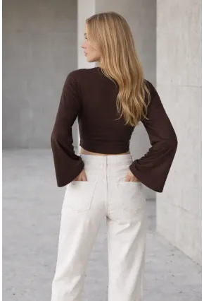 Geniş Kol Crop Bluz Kahverengi