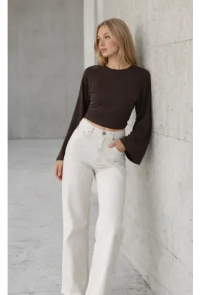 Geniş Kol Crop Bluz Kahverengi