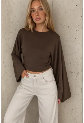 Geniş Kol Crop Bluz Kahverengi