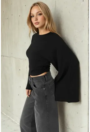 Geniş Kol Crop Bluz Siyah