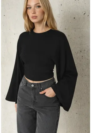 Geniş Kol Crop Bluz Siyah