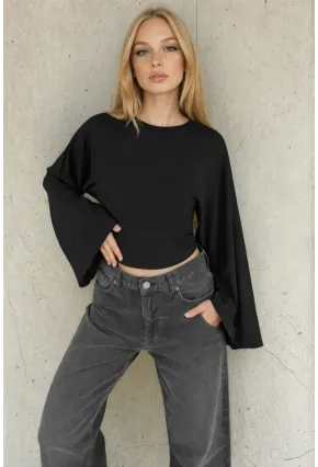 Geniş Kol Crop Bluz Siyah