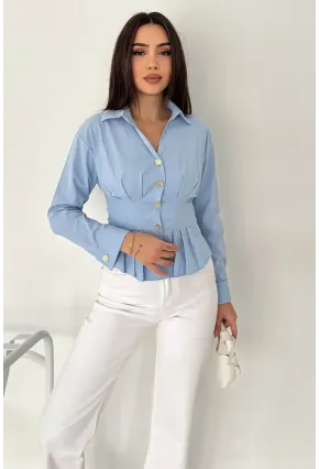 Gold Düğme Pile Detaylı Gömlek Mavi