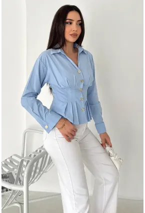Gold Düğme Pile Detaylı Gömlek Mavi