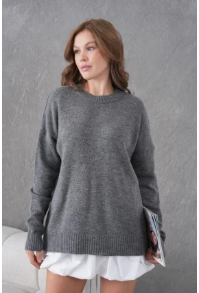 Gri Yumuşak Dokulu Uzun Kollu Triko Kazak