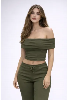 Haki Madonna Yaka Kaşkorse Takım – Şık ve Rahat İkili Set