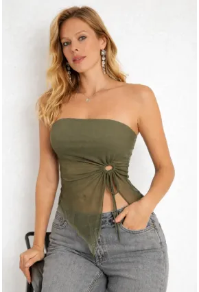 Haki Straplez Tül Detaylı Büzgülü Crop Bluz