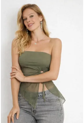 Haki Straplez Tül Detaylı Büzgülü Crop Bluz