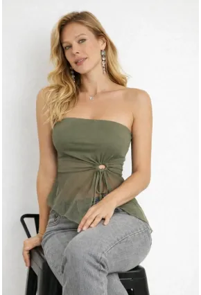 Haki Straplez Tül Detaylı Büzgülü Crop Bluz