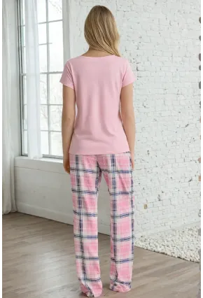 Happy Baskılı Ekose Alt Kadın Pijama Takımı – Pembe Rahat Seri