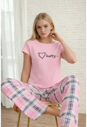 Happy Baskılı Ekose Alt Kadın Pijama Takımı – Pembe Rahat Seri