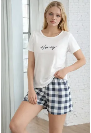 Honey Baskılı Ekose Şortlu Kadın Pijama Takımı
