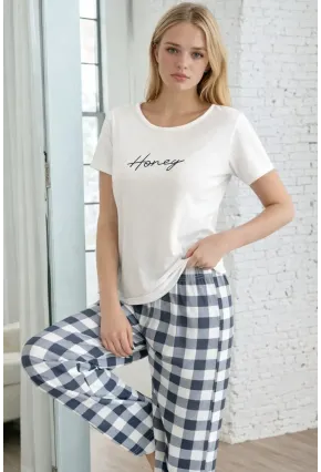 Honey Baskılı Ekose Uzun Alt Kadın Pijama Takımı – Lacivert Rahat Seri