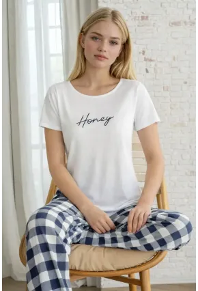 Honey Baskılı Ekose Uzun Alt Kadın Pijama Takımı – Lacivert Rahat Seri