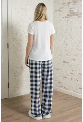 Honey Baskılı Ekose Uzun Alt Kadın Pijama Takımı – Lacivert Rahat Seri