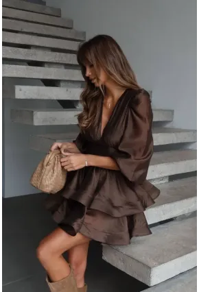 İthal Poplin Kumaş Tarlatan Detay Kahve Elbise