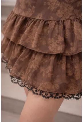 Jakar Desenli Kat Kat Volanlı Dantel Detay Mini Etek