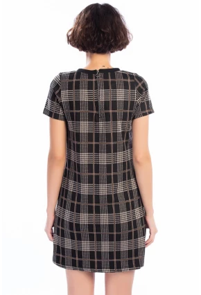 Jakarlı Ekose Desenli Sırtı Fermuarlı Elbise