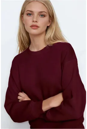 Kadın Basic Bordo Oversize Sweatshirt
